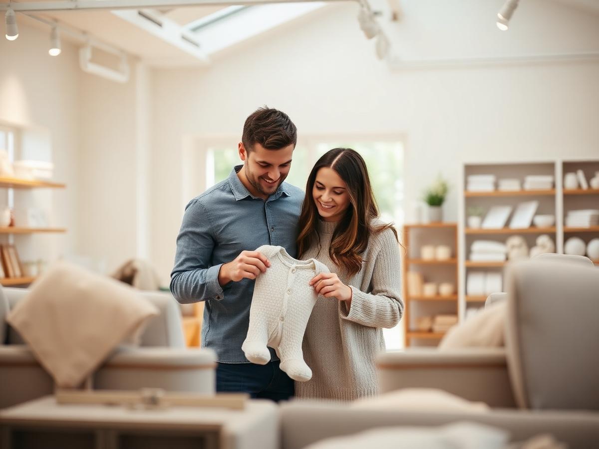 Deux parents examinant un vêtement de bébé dans une boutique lumineuse
